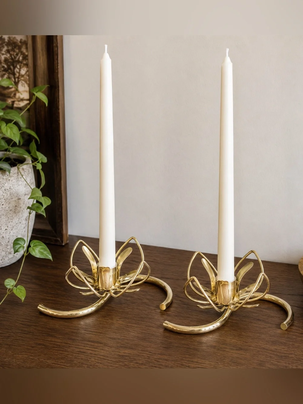 Brass Lotus Taper Candle Holders - Set of 2